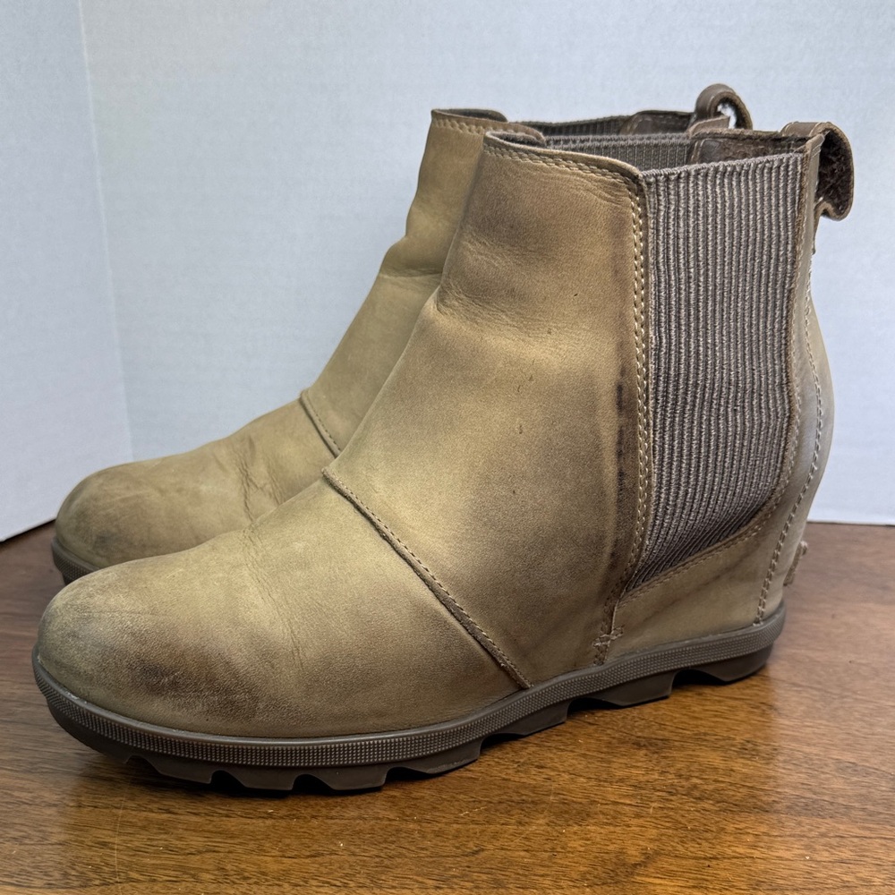 Sorel Womens Tan Leather Wedge Boots Booties, sz 10